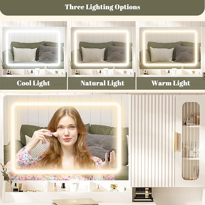 45" Fluted Makeup Vanity Desk with Mirror and Lights, Makeup Desk with 5 Shelves& 2 Storage Cabinet, Vanity Table with Power Outlet, 3 Color Adjustable Lighting Dressing Table Set for Bedroom