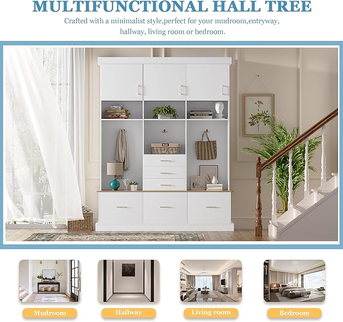 Amposei Hall Tree with Storage Bench & Coat Rack 58’’W Modern Tall Entryway Oranizer Cabinet with 6 Drawers, 3 Metal Hooks for Living Room Hallway Mudroom, White