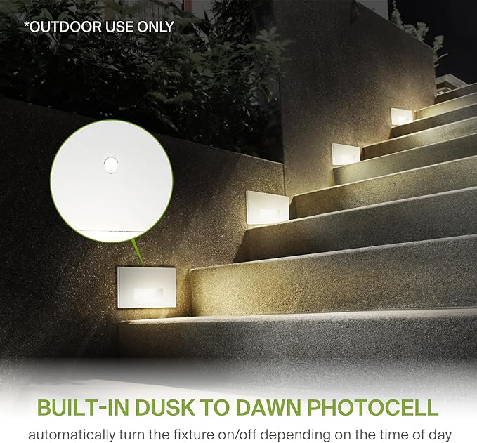 ASD LED Recessed Step Light Fixture, Dusk to Dawn Outdoor Stair Tread Lighting | 3CCT, Photocell, Waterproof, ETL Listed | 3W 120LM 3000K-5000K 120V | Staircase Hardwired Illumination | White