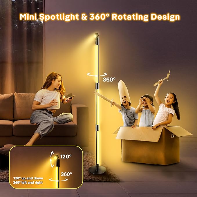 RGB+IC Floor Lamp, Smart LED Corner Lamp with Music Sync and 16 Million DIY Colors, App & Remote Control, 360° Rotating Standing Floor Lamp with Spotlight for Bedroom Living Room