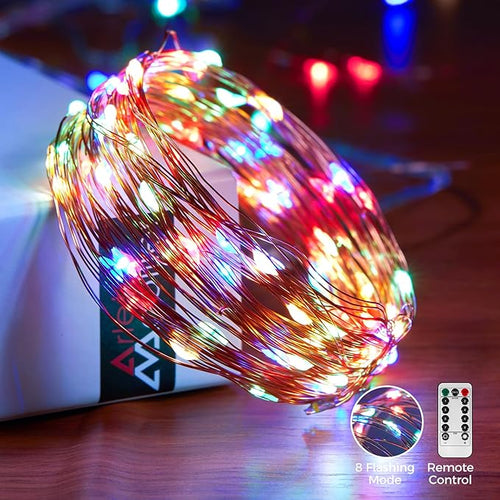 1 Pack 32. 8 ft. USB Powered Fairy Lights with Remote & Timer, 100 LED USB Twinkle String Lights - Silver Wire, 8 Modes, Waterproof, Multi Color Starry Lights for Party, Wedding, Christmas