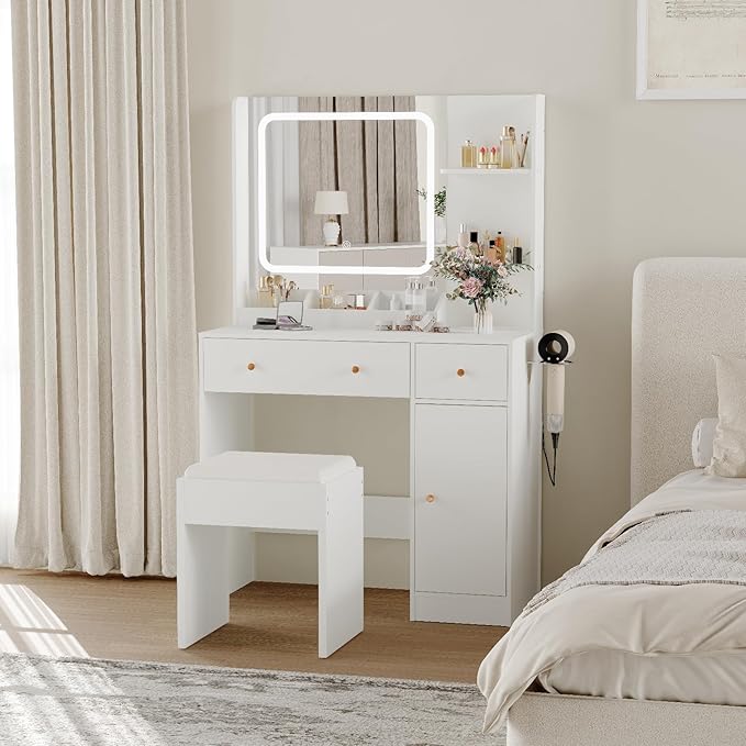 Vanity Desk with Mirror and Lights,Power Outlet,Makeup Vanity Table Set with Storage Drawers Shelves Cabinet& Chair,3 Lighting Modes & Adjustable Brightness,Dressing Table for Bedroom
