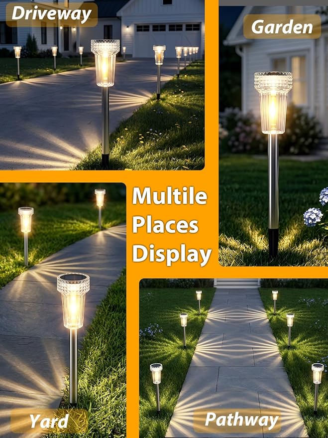 DERAYSION 12 Pack Solar Pathway Lights Outdoor, Auto Dusk-to-Dawn Landscape Garden Lighting, Waterproof Stainless Steel Pole Lighting for Path, Yard, Walkway, Garden, Driveway Decor - Warm White
