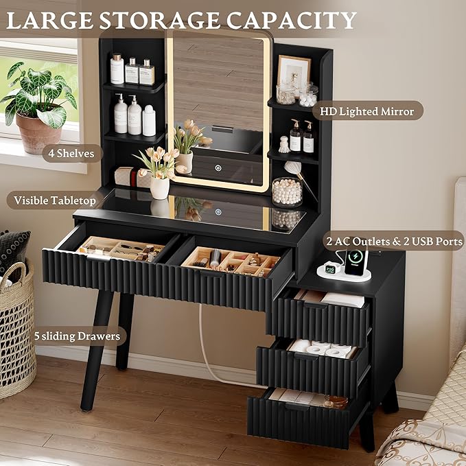 Vanity Desk With HD Lighted Mirror and Lights, Fluted Small Makeup Vanity with Storage Drawers & Shelves, Modern Dressing Table Set with Power Outlet & Glass Table Top for Women Girls Bedroom, Black