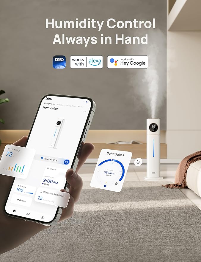 DREO HM735S 11L Smart Humidifier Large Room 700 ft², 100H Cool Mist Air Humidifiers for Bedroom, Top-Fill, Clean Tank Technology, 26dB, Auto Mode, Aroma Box, RGB, Remote & APP Control, Baby, White