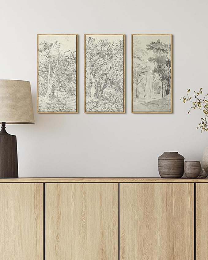 KUVIOKE Vintage Sketch Trees Drawings Farmhouse Wall Art for Living Room Bedroom Ready to Hang 8x16in3pcs Natural Framed