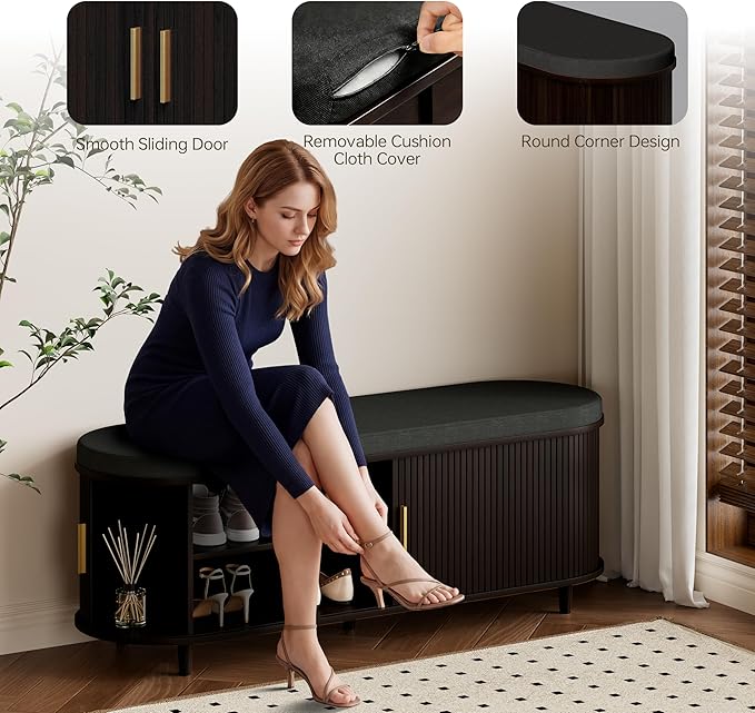 Entryway Bench with Storage: 51.2" Wooden Bedroom Shoe Bench with Thickened Padded Seat Cushion, Mid Century Modern Fluted Sliding Door and Adjustable Shelf, for Entryway, Living Room