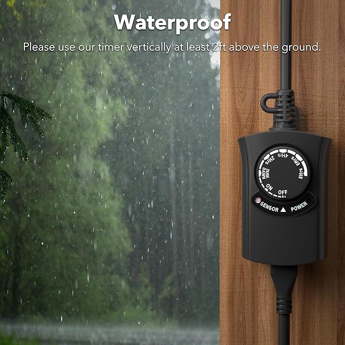 HBN Outdoor Light Timer Waterproof, Weatherproof Photocell Dusk to Dawn Light Sensor, 2/4/6/8 Countdown Timer, 1 Grounded Outlet for Christmas Lights，Hallowen Deceration，1875W 15A 1/2HP（2 Pack）