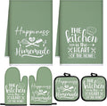 Sratte 6 Pcs Kitchen Decor Accessories Set Farmhouse Towels Pot Holders Oven Mitts Set 2 Dish Towels 2 Potholders 2 Cooking Mittens Oven Glove for Christmas Baking Cooking Supply(Sage Green,Kitchen)