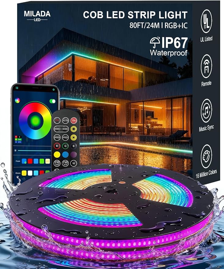 80ft/24m COB LED Strip Lights Outdoor, Smart RGB IC IP67 Waterproof Dimmable Color Changing Tape Light with App Remote Control & Music Sync, for Eave, Patio, Pool & Party DIY Decorations(2 Rolls)