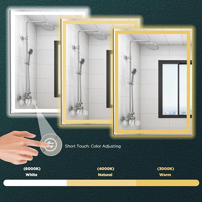 LED Bathroom Mirror 24"x 32" with Stepless Dimmable Wall Mirrors with Anti-Fog, Dimmable CRI>90, Vanity Mirror with 3 Color Modes, Shatter-Proof, Memory Bathroom Mirror with LED Lights