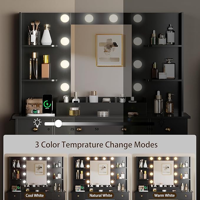Vanity Desk with Mirror and Lights, Makeup Vanity with Mirror and LED Lights & Power Outlet, 3 Drawers and Cabinets, 3 Lighting Modes Dressing Table Set for Girls Women Bedroom,Black