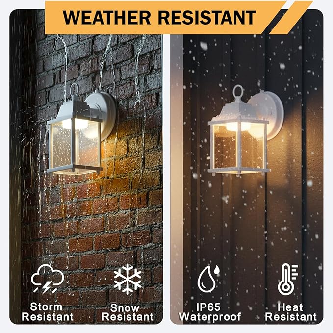 LIT-PaTH Small Outdoor LED Wall Lantern with Dusk to Dawn Photocell, 3000K Warm White, 9.5W, 800 Lumen, Aluminum Housing Plus Glass, Outdoor Rated, 1-Pack, White