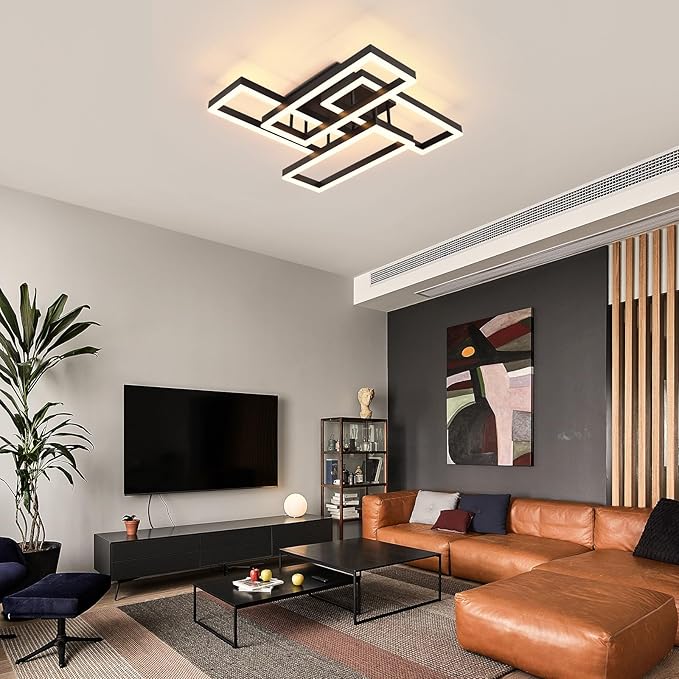 Modern Led Ceiling Light for Living Room,Black Flush Mount Ceiling Lights with Remote Control&APP，3000-6500K Dimmable, 54W Acrylic Ceiling Lamp for Bedroom Kitchen Dining Room