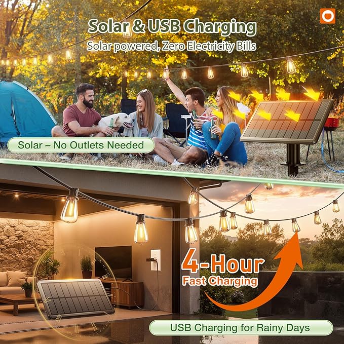 addlon 54(48+6) FT Solar String Lights Waterproof,Patio Lights Solar Powered with Remote & USB Port 15+1 LED Shatterproof Bulbs 3 Light Modes, Dimmable Solar Light for Camping Backyard Garden