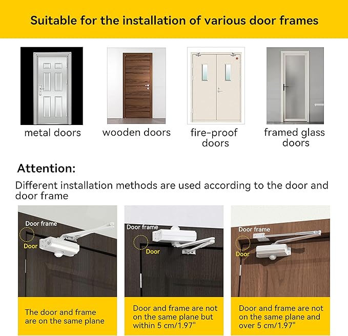 Automatic Door Closer Heavy Duty Spring Size 2 Hydraulic Aluminum Alloy UL 3-Hour Fire Rating Surface Mounted Home Commerical Door Closures Hold Open Adjust Speed Door Weights 88-144 Lbs