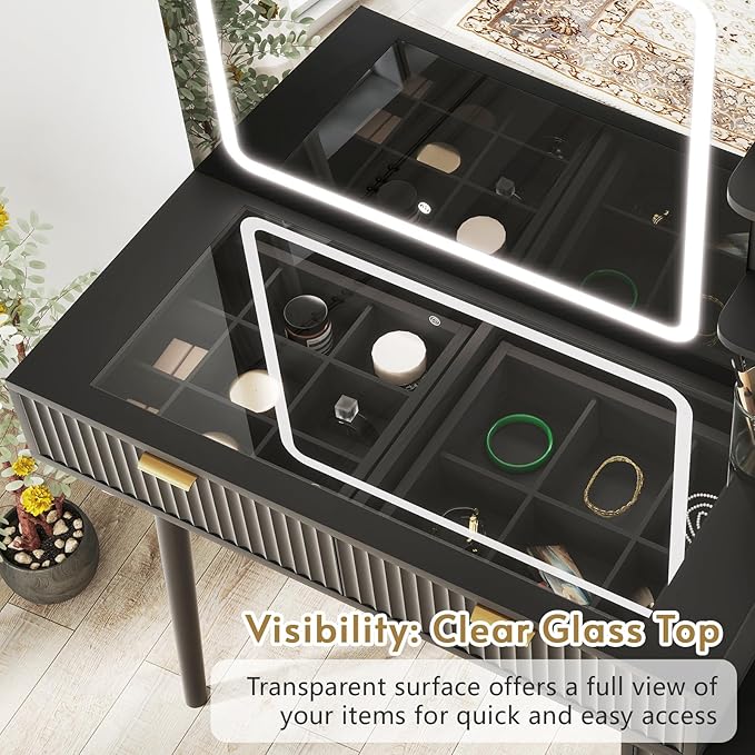 Black Vanity Desk with Mirror and Lights, 49" Fluted Wood Makeup Vanity Table with Modern Glass Top, Charging Station, 5 Drawers, 2 Cabinet with Adjustable Shelves, Salon Station