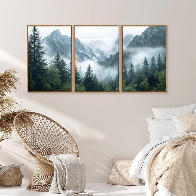 YeeHomedec Large Mountain Framed Canvas Wall Art, Modern Calming Forest Wall Decor, Misty Nature Mountains Art Painting, Wooden Pine Trees Artwork for Living Room Bedroom Farmhouse 24"x36"x3