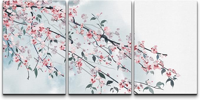 wall26 - 3 Panel Canvas Wall Art - Ink Painting Style Pink Cherry Blossom on The Branch - Giclee Print Gallery Wrap Modern Home Art Ready to Hang - 24"x36" x 3 Panels