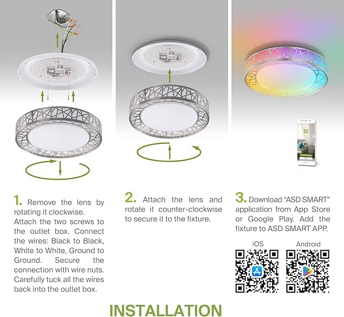 ASD 20 Inch Smart RGBW Flush Mount Ceiling Light with Remote - Brushed Nickel 42W 120V 2700-6500K Dimmable Ceiling Light Fixture, WiFi App Control RGB Lights, Alexa & Google Assistant - ETL, 2 Pack