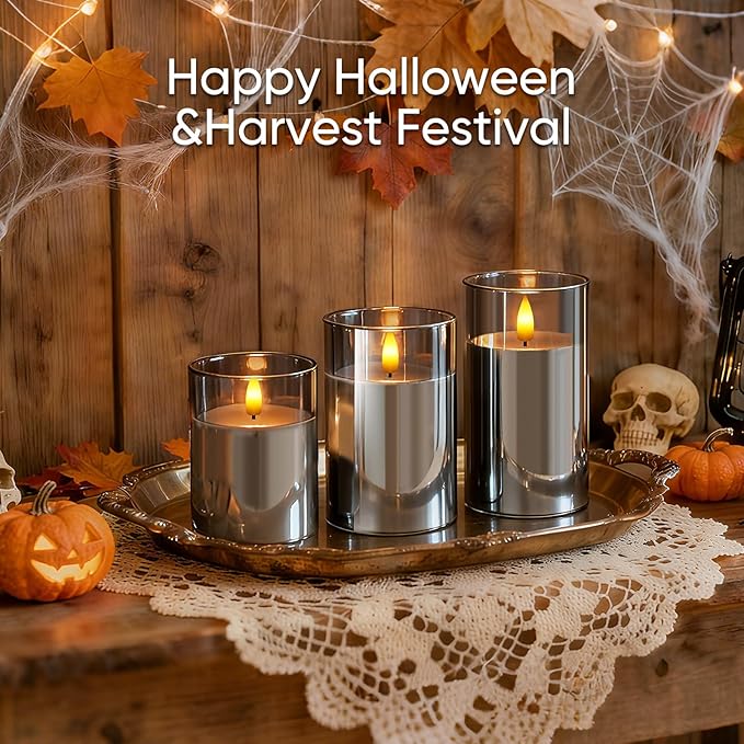 5plots Flameless Battery Operated Candles Set of 3, Gray LED Candles with Remote Timer, Real Wax Glass Pillar Candles Warm Flickering Light for Indoor Home, Halloween, Christmas Decor D3 x H4 5" 6"