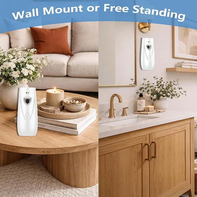 Automatic Air Freshener Spray Dispenser (2-Pack) Wall Mounted or Free Standing, Commercial and Home Use, Multiple Time Scent/Mist Release Settings for Room/Restroom Sprayer (White1103)