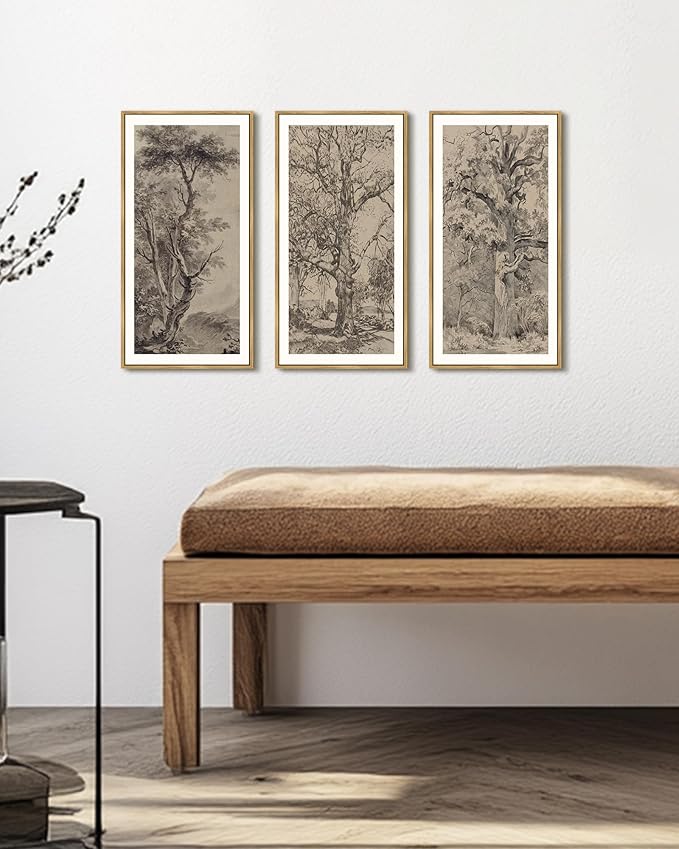 KUVIOKE Vintage Sketch Trees Drawings Farmhouse Rustic Framed Wall Art for Living Room Bedroom Ready to Hang 8x16in3pcs Natural Framed