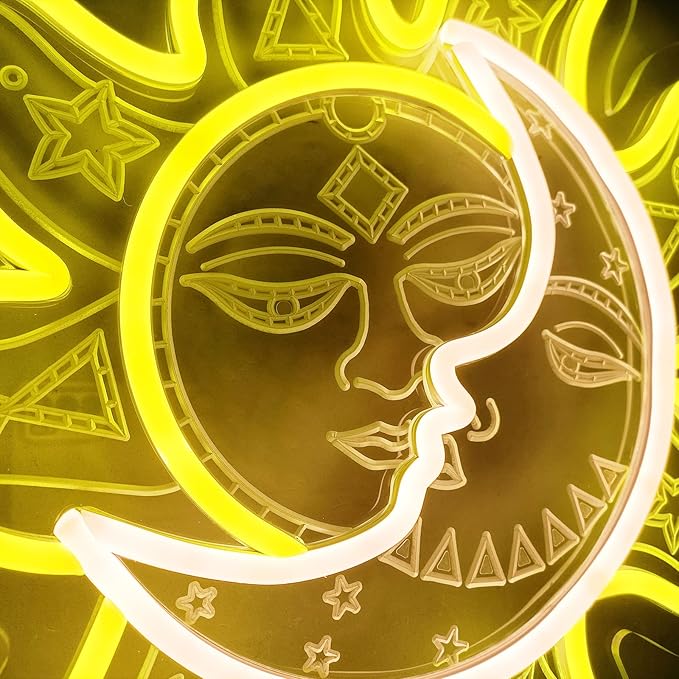 Sun Moon Neon Sign - Retro Vintage Funny Psychedelic Mystic Burning Led Neon Light, Handmade Aesthetic 3D Engraving Night Lamp for Wall Decor Bedroom Birthday Gift Home Party - 15''
