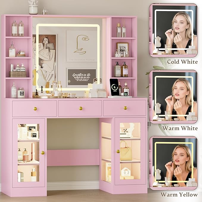 Makeup Vanity Desk with Mirror and Lights, 43" Pink Vanity with Glass Top, Jewelry Storage, 3 Drawers & Glass Cabinets, Power Outlet & Adjustable LED Lights, Dressing Table for Women & Girls Bedroom