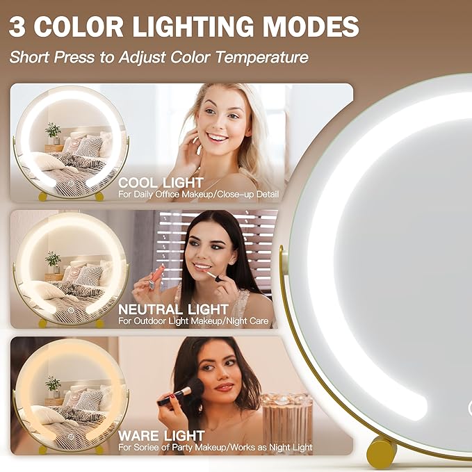 ROLOVE Gold Vanity Mirror with Lights, 12 Inch 3-Color Dimmable Smart Touch Makeup Mirror for Desk, 360° Rotation Tabletop Lighted Mirror for Bedroom, Dressing Room & Daily Grooming