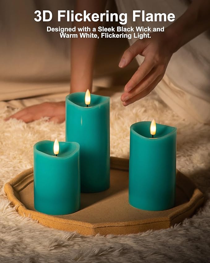 Teal Flameless Candles with Remote Timer, Real Wax Made LED Pillar Candles Battery Operated with 3D Flickering Flame, Teal Bathroom Accessories, Turquoise Set of 3 (3" x 4",5",6")