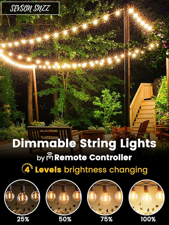 Outdoor String Lights with Remote 50FT - Dimmable Patio Lights with Waterproof G40 LED Globe Bulbs, Connectable Shatterproof Hanging Lighting for Outside Bistro Garden Backyard Deck Decor