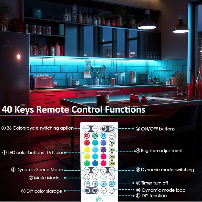 LAFULIT 8 PCS RGB Under Cabinet Lights Kit, App and Remote Control Led Strip Lights, Music Sync Color Changing Led Lights, Plug in Light for Cabinet, Counter, Shelf, Bookcase, 13ft