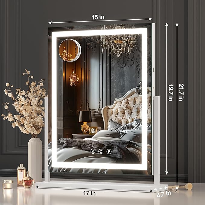 Hasipu Large LED Vanity Mirror 17"x22" - Makeup Mirror with 10X Magnification, Smart Touch 3-Color Lighting & Dimmable Control