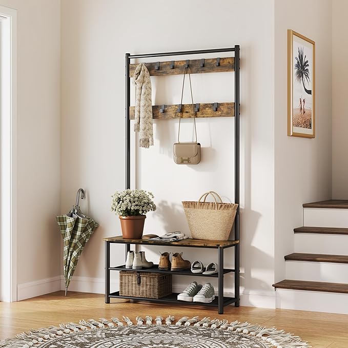 Yaheetech 3-in-1 Hall Tree, Coat Rack Shoe Bench with 11 Removable Hooks and Storage Metal Shelves, Industrial Entryway Storage Bench, Easy Assembly, 33.5× 13.5× 73 Inches, Rustic Brown