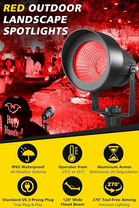 T-SUN Red Spotlight Outdoor, Waterproof LED Landscape Lighting with US Plug, Easy Install 270° Adjustable Outdoor Spot Lights for Garden Tree Yard Decor