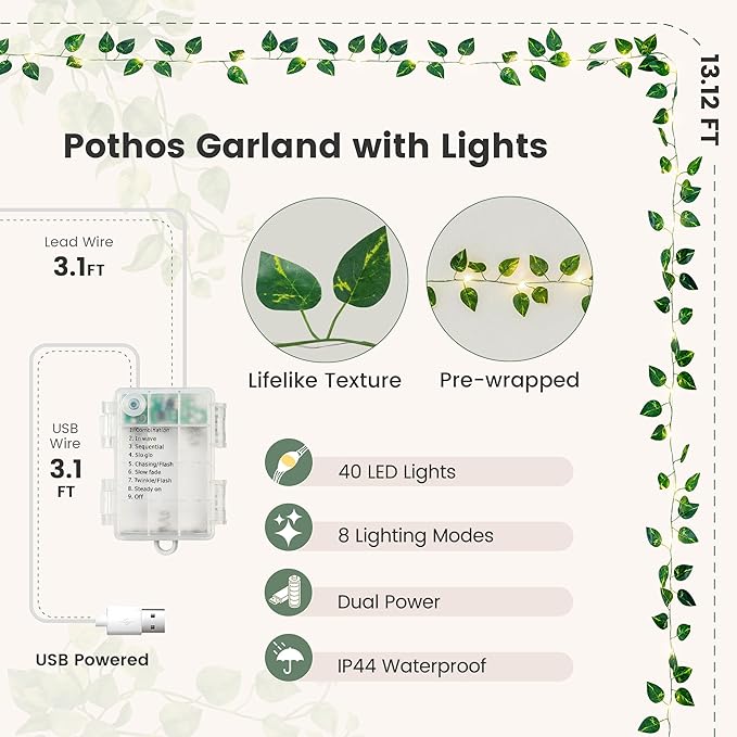 Pothos Green Vine Garland with 40 LED Fairy Lights – Modern Wall Greenery Decor with Remote, 8 Modes & Timer, USB or Battery Powered for Apartment & Indoor Spaces