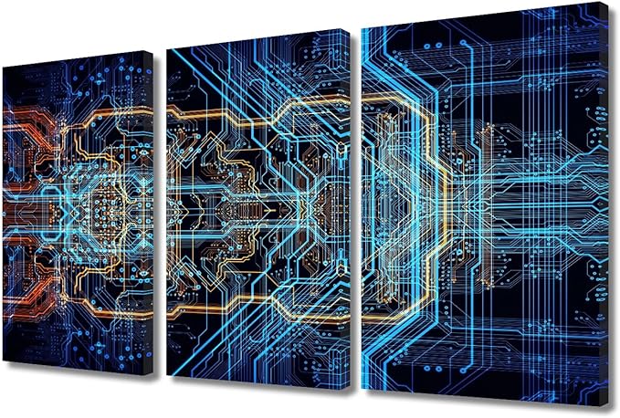 TUMOVO Digital Chip Wall Art CPU Concept House Decorations for Living Room Computer Chip Canvas Wall Art Paintings for Bedroom Office Decor 3 Pieces Modern Artwork Framed Ready to Hang(24" Wx36 H)
