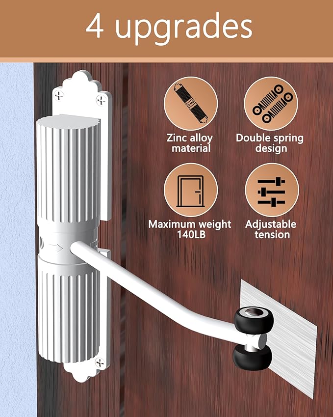 2025 New Automatic Door Closer, self Closing Door, Adjustable Closing Door, Door Closers for Home, Automatic Safety Spring Door Closer (White). Up to 140LB can be Pushed.Metal Doors Don't fit.