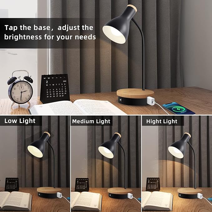 Metal Desk Lamp Wireless Charging Table Lamp Touch Reading Lights Arc Desk Lamps for Bedroom, 3 Way Dimmable Bedside Lamp with USB Charging Ports Lamp for Study Room and Office (Black)