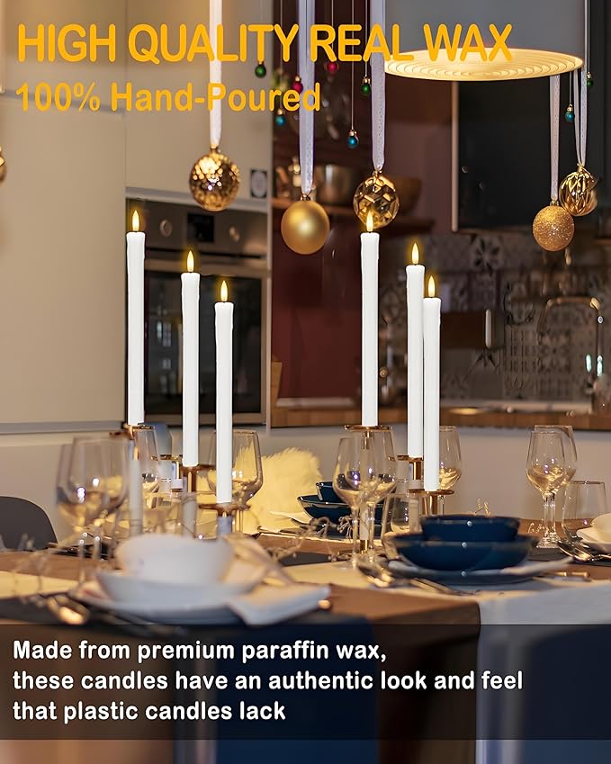 9.6" Flickering Flameless Taper Candles with Remote Timer, White LED CandleSticks, Box of 6 Long Battery Operated Candles for Window, Table, and Mantel Decor