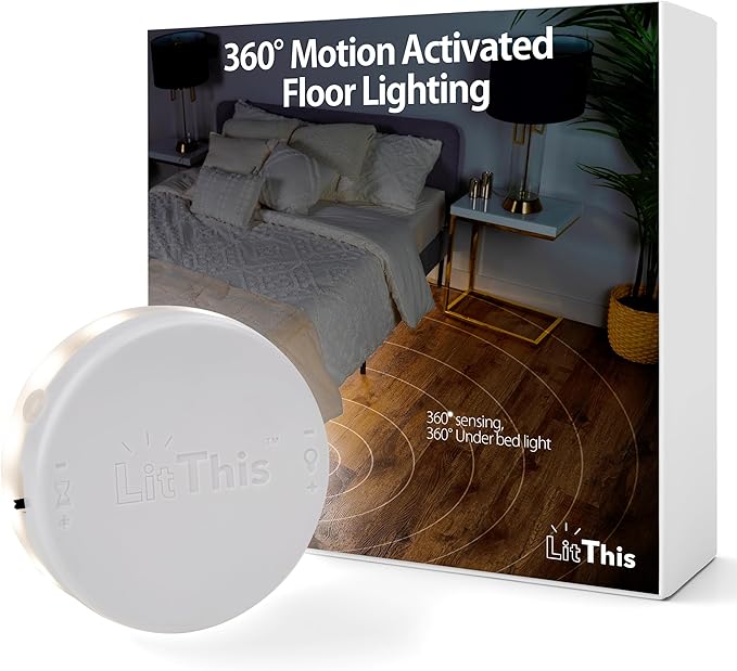 Under Bed Lights Motion Sensor Patented 360° motion activated night light for under bed light. – No Installation, easily positioned, dimmable, auto on/off.