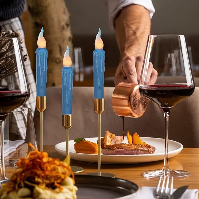 Dark Blue Flameless Short Taper Candles, Real Wax Hand Dipped LED Battery Operated with Remote, Flickering Flame Lights for Festival Party Home Décor, 6.7 Inch Primitive Flameless Candles, 2PCS