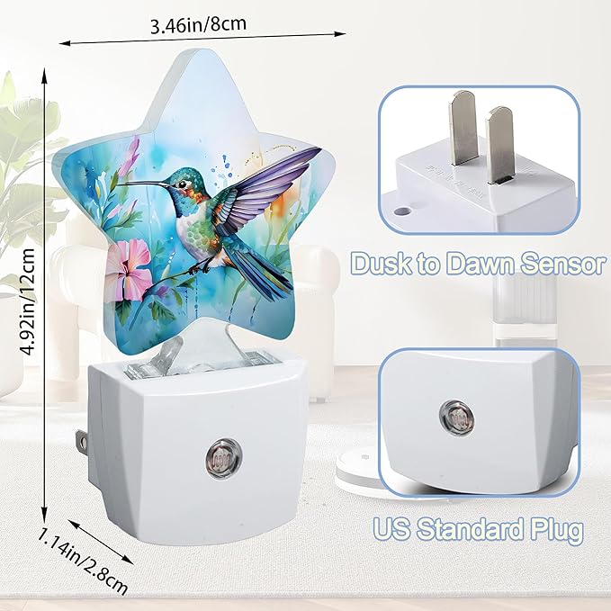 Watercolor Bird Dusk to Dawn Star Night Light,Hummingbird Flower Smart Sensor Nightlight for Bedroom Kitchen Hallway Stairs,Plug-in Energy Efficient Decor Desk Lamp Women Men Gifts
