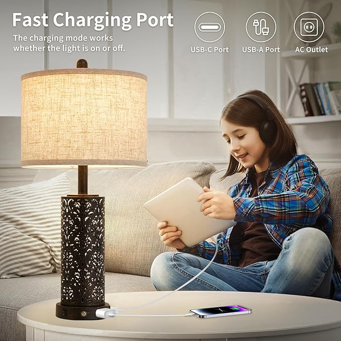 26" Set of 2 Farmhouse Table Lamp, 3-Way Dimmable Touch Control with Nightlight, 2 USB Ports + AC Outlet Vintage Rustic Bedside Lamp for Living Room Bedroom and Nightstand (Black-2 Pack)