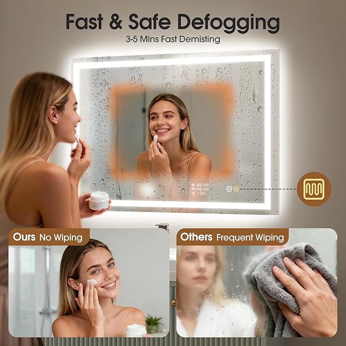STARLEAD 28"x36" LED Bathroom Mirror with Built-in Clock, Dimmable Lighting, 3 Color Temperature, Anti-Fog, Touch Control Wall Mounted Vanity Mirror