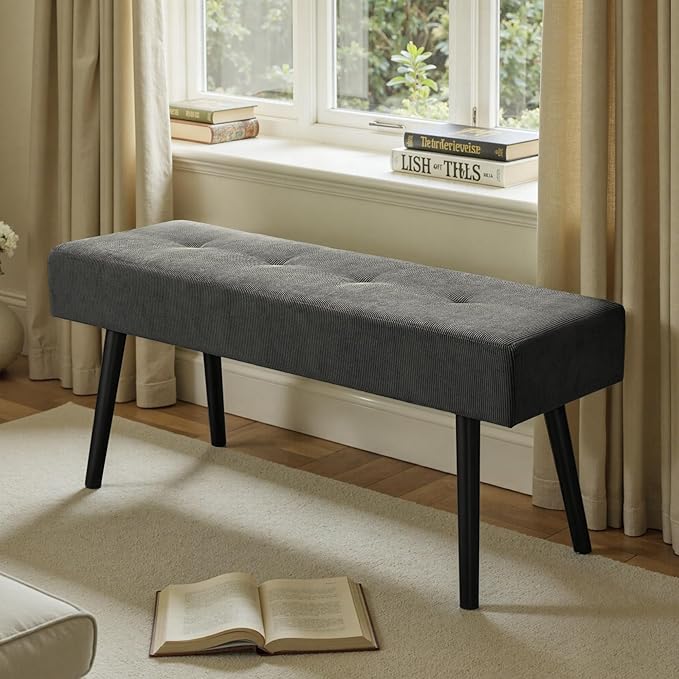 Entryway Bench - Grey Bench for Bedroom, Modern Ottoman End of Bed, Corduroy Padded Benches for Living Room, Foyer, Mudroom, Hallway - 39" L x 14" W x 17" H