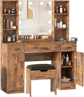Makeup Vanity Table with Lighted Mirror & Power Outlets, Large Vanity Set Vanity Desk with Storage Stool, 3 Lighting Modes, Brightness Adjustable, 45inch, Rustic Brown