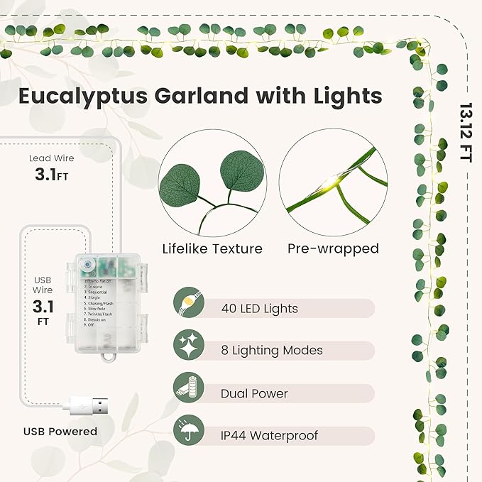 Eucalyptus Garland with 40 LED Fairy Lights – Lighted Greenery Vine with Remote & Timer, Dual Power (USB/Battery), IP44 for Cozy Home, Mantel, Wedding & Spring Decor