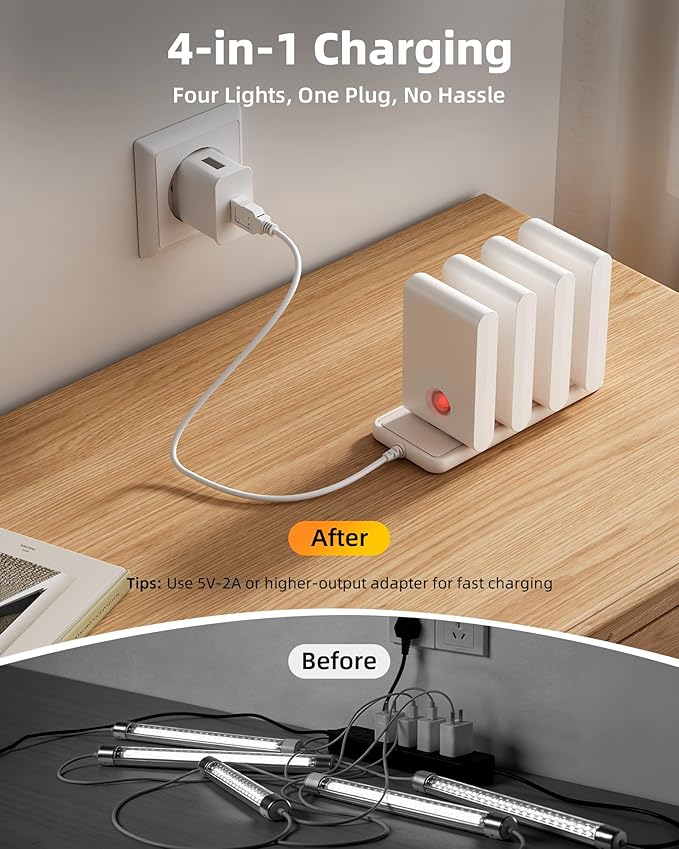 EZVALO Motion Sensor Light Indoor, 1500mAh Rechargeable Stair Lights, Magnetic & Dimmable, 3000K Soft White, Wireless Night Lights for Hallway, Stairway, Bathroom, 4 Pack with Charging Station